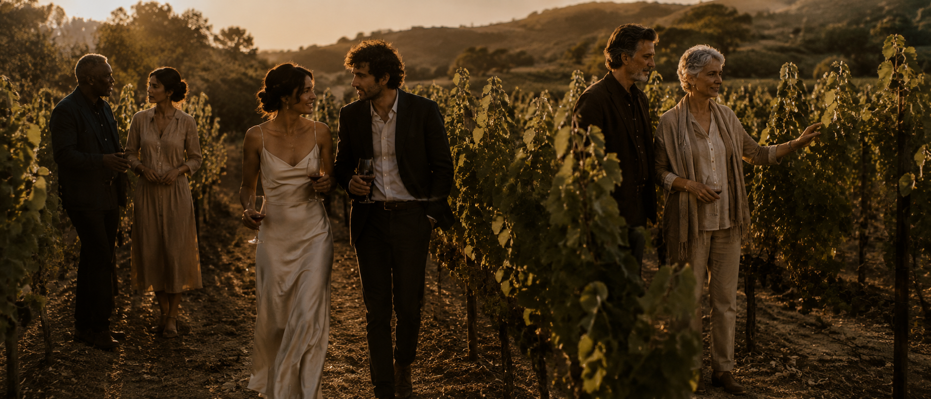 Guests in early evening attire walking slowly through vineyard rows at golden hour, the central couple in paired conversation, another couple following, a figure trailing her hand along the leaves.